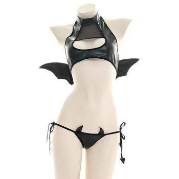 Jimiko 귀엽다 애니메이션 속옷은 악마 코스프레 의상 섹시한 란제리 설정된 가죽의 날개 마이크로 비키니 열리는 브래지어 작물+Panty 성 균일