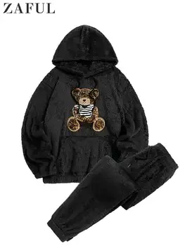 ZAFUL Men's Tracksuits 곰 패턴 두건이 있는 까마귀 면 털는 스웨트 셔츠와 바지 설정 빔 발 트레이닝 맞 스웨터