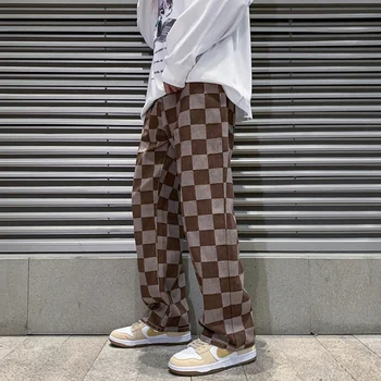 2022 년 봄 가을 남자의 브라운 체크 인쇄 헐렁한 청바지를 한국의 패션 스트리트웨어 바로 데님 팬츠 남성 브랜드 바