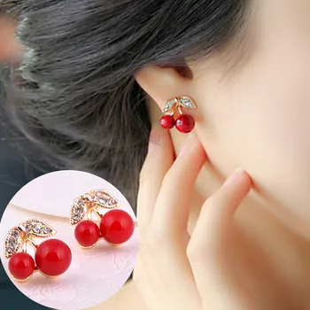 새로운 패션이 사랑스러운 붉은 버찌 귀걸이 비드 모조 다이아몬드 잎 Earstud 여자를 위해 보석 Boucle D'oreille