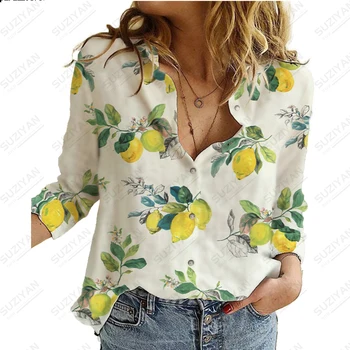 2023 봄과 가을의 새로운 여자의 긴팔 셔츠 과일 레몬 3D 인쇄된 폴로 칼라 버튼을 개인화된 캐주얼 최고 통근