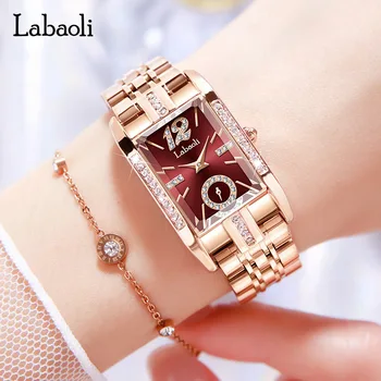 LABAOLI 여성 스테인레스 스틸 팔찌 시계 숙녀를 위한 쿼츠 손목 시계 직사각형 스퀘어 다이얼에 빨간 라인 여성의 시계
