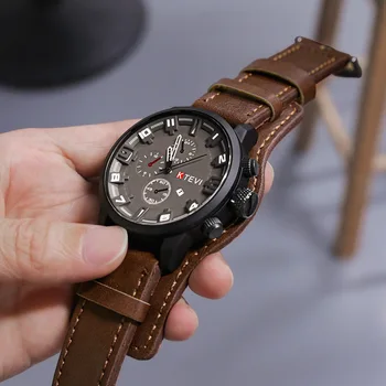 YIKAZE 복고풍의 남자의 시계는 고전적인 고급 비즈니스 석영 시계 패션 큰 전화 가죽 스트랩 날짜 군사 손목 시계를 위한 남