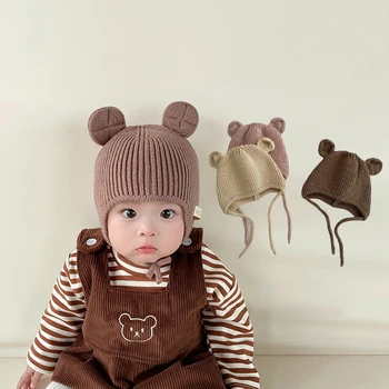 솔리드 컬러 아기는 니트 모자 귀여운 만화 보호 귀 비 캡 유아 소년 가을 겨울 따뜻한 보닛 아이들이 모자
