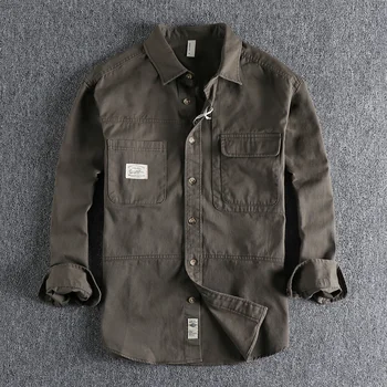 Amikaji 가을 느슨한 작업복 청소년 셔츠 코트에 대한 남성 간단한 복고풍의 솔리드 컬러 100%면 드롭 어깨 소매 셔츠