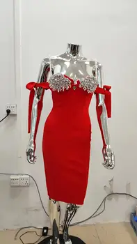 새로운 붉은 콜로 섹시 어깨에 다이아몬드 Bodycon 드레스 레이온 붕대 패션 칵테일을 축하 파티 드레스 드레스