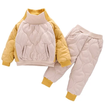 남자 여자 설정한 겨울 봉 두꺼운 옷 2021 년 새로운 접합 높은 칼라 스웨터+바지 아이들을 아이들을 맞는 의류