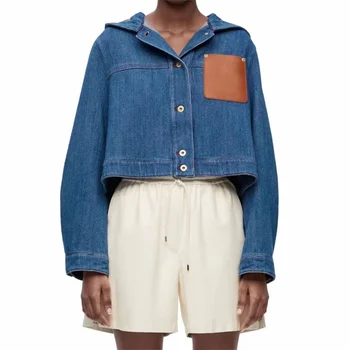 여성의 데님 재킷 2023 여름에서 빈티지 워싱 여성들의 옷 순수한 면을 두건이 있는 짧은 재킷 장 소매 톱 trafza xnwmnz