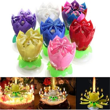 꽃은 음악을 노래하는 더블 레이어 회전 연꽃 디스크 기반 생일 케이크 초 DIY 케이크 장식 결혼식 선물