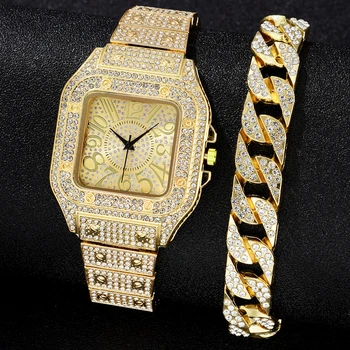 2Pcs 정되는 다이아몬드 여자 시계 골드 시계 숙녀 손목 시계 럭셔리 브랜드 라인 여성의 팔찌 시계
