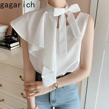 Gagarich 우아한 여성의 한국의 세련된 새로운 호리호리한 여름 프랑스 디자인 감각을 빈티지 경사 넥타이 민소매 셔츠