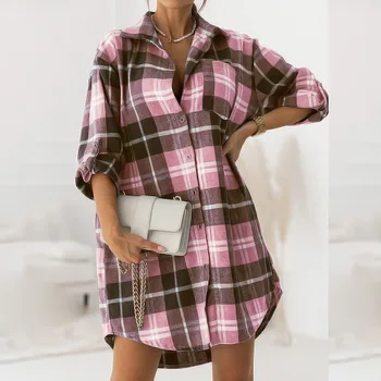 긴 셔츠 블라우스 드레스 여성 대형 버튼을 격자 무늬의 셔츠 플란넬 셔츠 여성을 위한 패션 상 블라우스 2022