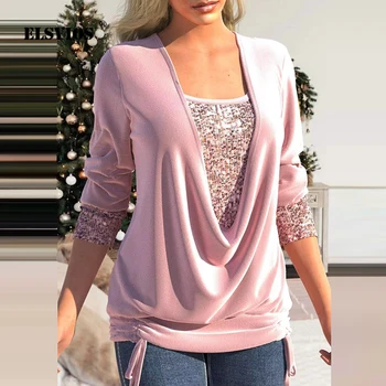 가을 겨울 새로운 우아한 장식 패치 워크 여성 캐주얼 블라우스 솔리드 컬러 광장 슬림 붕대 Pullovers 옷 Femme