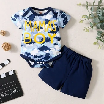 0~18 개월 갓 태어난 아기 2 개 옷을 설정한 문자 인쇄 블루 위장 짧은 장난+반바지는 여름 스포츠 의상
