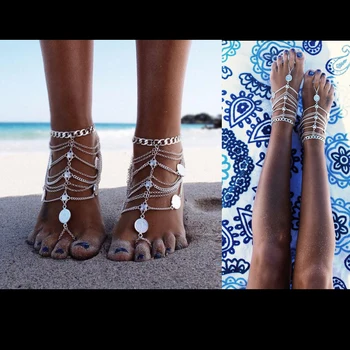 보헤미안 다중 레이어 동전 인도 여성들의 구두 발 팔찌 맨발로 샌들이 체인 스트랩 비치 액세서리 보석을 위해 여자