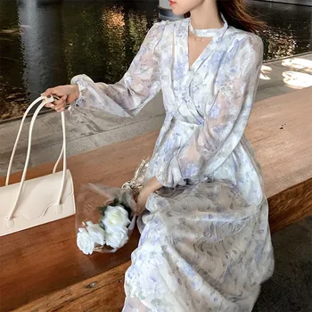 2022 년 여름 기본적인 긴 복장 긴 소매 V 목 꽃 인쇄 복고풍 빈티지 라인 여성복된 대한민국 패션 드레스