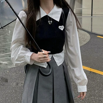 HOUZHOU 니트 워크 블라우스 여 한국어 패션 패션 스타일의 셔츠 가짜 두 학교 소녀 작물 Tops