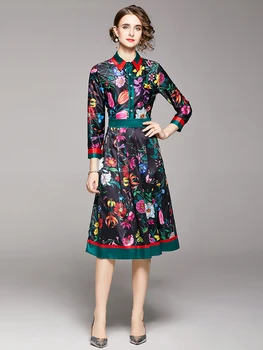 패션 활주로 여름 스트라이프 꽃 드레스 여성의 칼라 긴 꽃 인쇄 미디 옷 파티 플리스