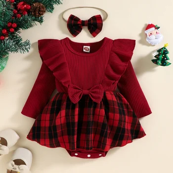엄마와 아기 0-24M 크리스마스 소녀 빨간 돌아 다니는 아이가 니트 주름 장 소매 활 죄수복 격자 무늬 인쇄 크리스마스 의상 D01