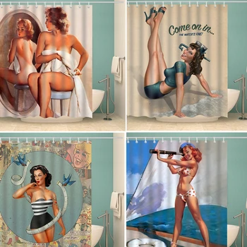 Customized 애니메이션 섹시한 3D 인쇄된 샤워 커튼 빈티지 미국의 소녀의 아름다움 방수 폴리에스테르 장식 목욕탕 커튼 cortina