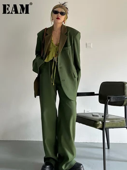 [EAM]넓은 바지 녹색 컬러 블록 큰 크기는 두 개의 조각에 맞게 새로운 긴 소매 여자 패션을 봄 가을 2023 1DF0084