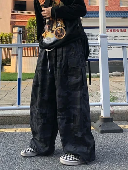 복고풍의 위장 화물 바지 남자 일본의 거리는 느슨한 다리 바지 2023 봄 가을 높이 바지 패션