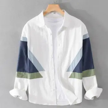 디자이너 장 소매 워크 유행 남자의 셔츠는 편안한 최상 색상 대비를 접합 트렌디한 스트리트웨어 하라주쿠