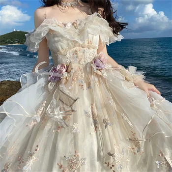 LOLIBOOK 레트로 로리타 Jsk 드레스 일본 여자의 달콤한 레이스 꽃 자수 공주는 결혼 예복을 귀여운 소녀 파티 드레스