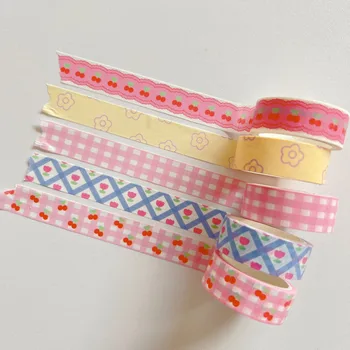 1 개 핑크 그리드 체리는 꽃 장식적인 종이 테이프 접착 테이프 컬러 마스킹 테이프 스크랩 스티커 DIY Stationery 테이프