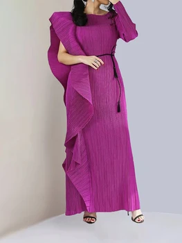 미야케 주름을 잡은 하나 어깨 슬리브레 Bud 벨트 드레스 패션 디자이너 긴 드레스 두바이 Abaya 디자이너 의류