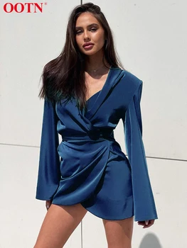 OOTN 블루 포장 섹시한 드레스 여성 라펠 패션아 호리호리한 고 허리 라인 드레스 가을 캐주얼 셔츠 드레스 활 2022