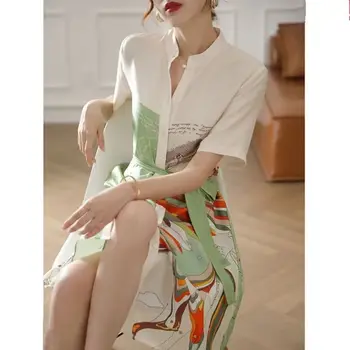 봄 캐주얼한 인쇄 시폰 턴다운 짧은 소매 미디 드레스 여름 패션 레이싱 느슨한 얇은 우아한 드레스 여성