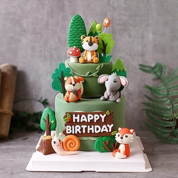 귀여운 숲이 만화 동물 Caketopper 부드러운 클레이 코끼리 타이거 달팽이는 여우 생일 케이크 야생 중 하나 숲 테마 Parti