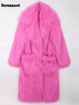 인테르 긴 겨울 내내 밝은 핑크 대형 털 털이 부드러운 털을 따뜻한 가짜 모피코트 여성 라펠 활주로는 귀여운 패션
