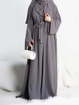 2 조각 Abaya 기모노 일치하는 무슬림 설정 크레이프 응용 프로그램은 여성 두바이키 슬리브리스 히잡 드레스 라마단 이슬람 옷 Jilbab