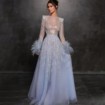 한 언덕 아랍어 파란색 라인을 파란색 깃털 럭셔리한 두바이브닝 드레스 드레스 여성 결혼식 2023LA71993