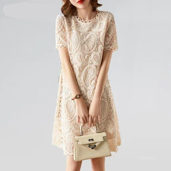 프랑스 우아한 섹시한 레이스 빈 복고풍의 세련된 미니 드레스 여성은 여름 패션 캐주얼 슬림 O 목 짧은 여성복