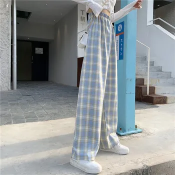 빈티지 무늬 여성 팬츠 높은 허리 다리 바지선한 느슨한 여성 캐주얼 바지 다리 바지 스트리트웨어 패션