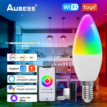 AUBESS Tuya 지능형 램프 밝기 조정가능한 와이파이 스마트 라이트 전구 Tuya Wifi 촛대 램프 E14RGBCW 전구 조명