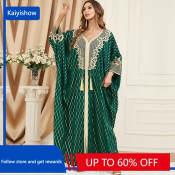무슬림 여성을 위한 드레스 봄 가을 무슬림 긴 소매 V 목 녹색의 폴리에스테르 장 드레스 패션 이슬람 Abaya 맥시 드레스
