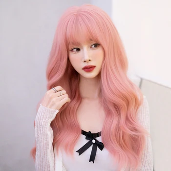 7JHH 가발 긴 물결 모양의 핑크발을 위해 여성 일자 자연적인 보는 합성 머리 가발과 앞머리에 높은 품질의 24 인치