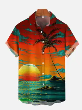 비치 스타일의 남자의 셔츠 코코넛 나무로 인쇄 셔츠 남성들의 옷깃 셔츠 만화 패턴 남자의 짧은 소매 셔츠