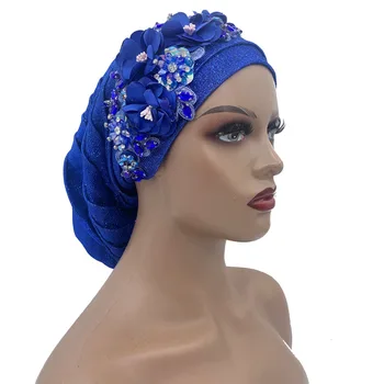 2023 여자의 머리를 감싸 나이지리아 투구 숙녀 파티 모자는 새로운 반짝이는 주름을 잡은 소라 캡 다이아몬드를 가진 꽃다발 아프리카 Headtie
