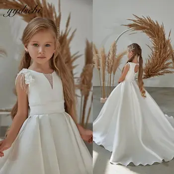 간단한 흰색의 꽃 파는 소녀 드레스 웨딩 2023 3D 꽃 파란색된 새틴 라인 주름을 잡은 생일 대회 첫 번째 친교 가운