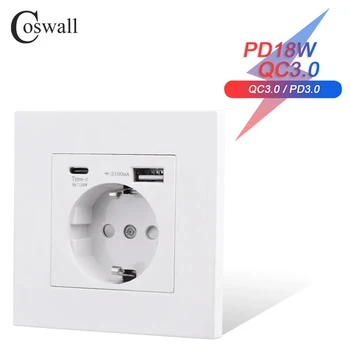 COSWALL 플라스틱 패널의 흰색 EU/Spain/러시아 벽 Power Socket 접지와 18W 유형 A&C 듀얼 USB DC5V3A 빠른 충전기