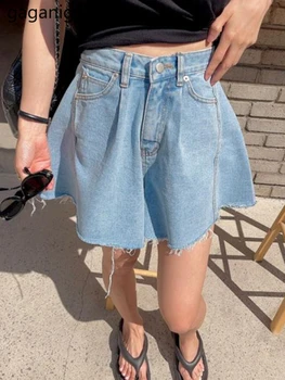 Gaganight 여자 하나 곡물을 버클 Double Pocket Shorts2023 한국의 세련된 여름 레트로 높은 느슨한 넓은 모직 데님 팬츠