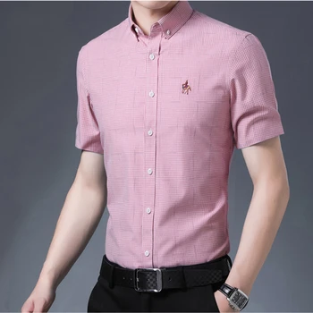 2023 남자의 짧은 대나무 섬유 격자 무늬의 스트레치 셔츠 수를 놓은 말 표준 적합 주름 저항하는 옷