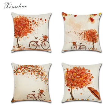 행복한 가을 가을 가을 가을 나무의 단풍잎이 자전거 베개 덮개 45*45cm 레트로 오렌지 나무 패턴 쿠션의 경우 리넨 pillowslip 장식