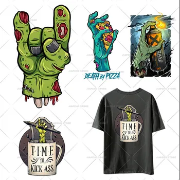 창조적 좀비 Rock Heat Transfer 비닐 스티커 철 옷 T-셔츠를 위한 남자 까마귀는 재미있는 히피 패치 DIY 선물