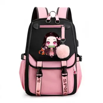 악마의 슬레이어 Kamado Nezuko 애니메이션의 USB 포트에 가방 나일론 귀여운 학교 학생 여행 가방 노트북 캐주얼 큰 배낭
